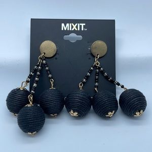 Black and Gold Toned Thread Ball Dangling Earrings